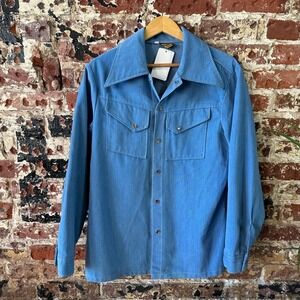 VTG Contact Mens 40 Blue Front Pockets Long Sleeve Collared Snap Button-Up Shirt